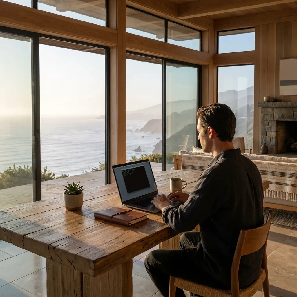 Premium ocean-view founder workspace with a laptop terminal for building a local AI workshop